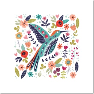 hand drawn bird colorful floral Posters and Art